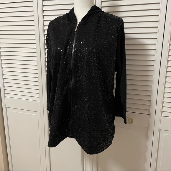 NWOT Quacker Factory XL Black 3/4 Sleeve Sequin Scroll Knit Jacket with Hood - Picture 1 of 15